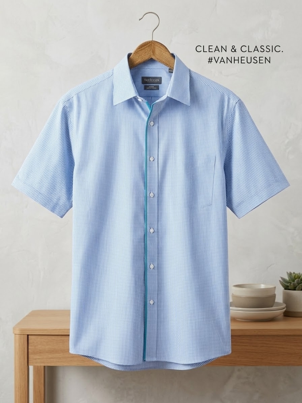Van Heusen Light Blue Micro-Check Short Sleeve Button-Down Shirt